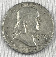 1957-D Franklin Silver Half Dollar, US 50c Coin