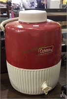 Vintage Coleman water jug, red and white 3 gallon