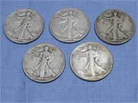 Five Walking Liberty Half Dollar 90% Silver