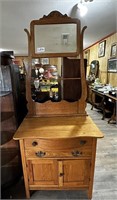 Antique Oak Wash Stand With Mirror & Towel Bar