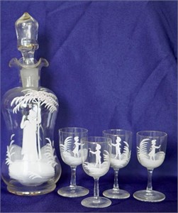Hand Painted Mary Gregory Decanter & 4 Sherry