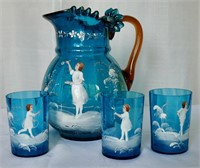 Mary Gregory Hand Painted Blue Pitcher & 3 Cups