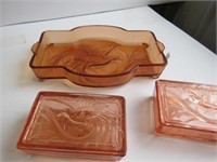 Peach Glass Bird Design Vanity Tray and 2 Covered
