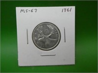 1961  Canadian .800 Silver Quarter  M S 63