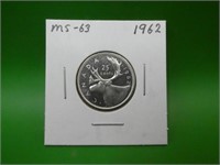 1962 Canadian .800 Silver Quarter M S 63