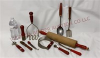 1940s Red Handle Kitchen Utensils & Rolling Pin