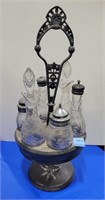 6 PC SILVERPLATE AND ETCHED GLASS CRUET SET