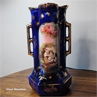 Antique Victorian Flow Blue Double Handle Vase