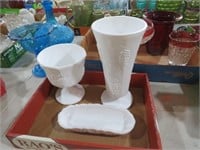 COLLECTION OF MILK GLASS VASES, BUTTER TRAY