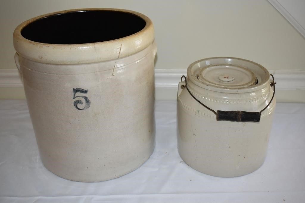 Stoneware 5 gallon crock and bean pot with damaged