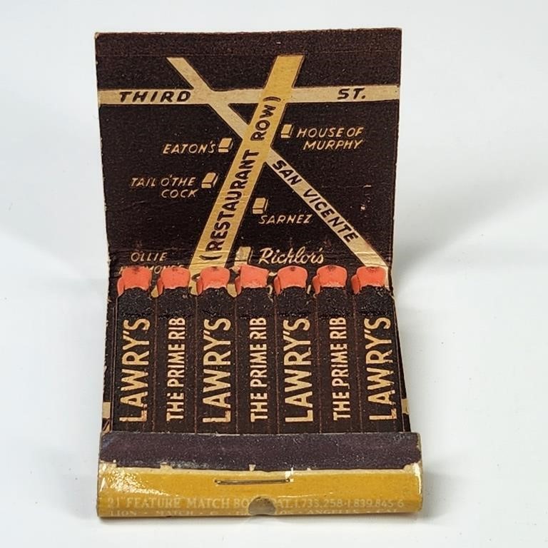 LAWRY'S PRIME RIB RESTAURANT FEATURE MATCHBOOK