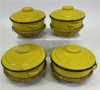 4 Mid-Century Mustard Yellow Enamelware w/ Baskets
