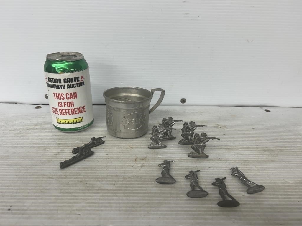 Collectable miniature metal army men and tin cup