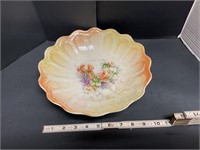 Yellow /orange glass flowered serving bowl