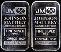 (2) 1 OZ .999 SILVER JOHNSON MATTHEY BARS