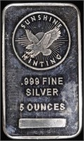 (1) 5 OZ .999 SILVER SUNSHINE MINTING BAR