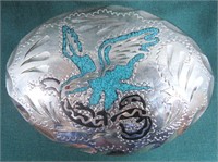 TURQUOISE COLOR EAGLE INLAY IN SILVER BELT BUCKLE