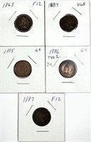 (5) Indian Head Cent Lot 1863,1884,1885,1886,1887