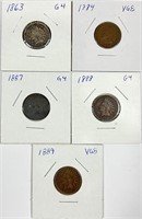 (5) Indian Head Cent Lot 1863,1884,1887,1888,1889