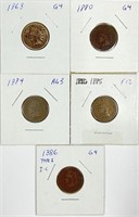 (5) Indian Head Cent Lot 1863,1880,1884,1885,1886