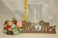 Mr. & Mrs Wood Plaque & Glass Vase with Arrangment