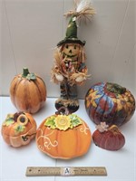 Fall Decor: Scarecrow, Pumpkins w/ Lids, Pumpkins