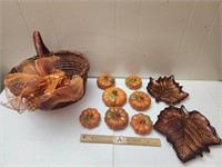 Basket, Leaf Plates, & Ceramic Pumpkins