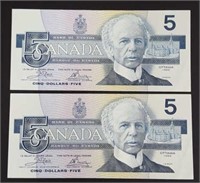 Uncirculated 1986 Canadian $5 Bills Consecutive #s