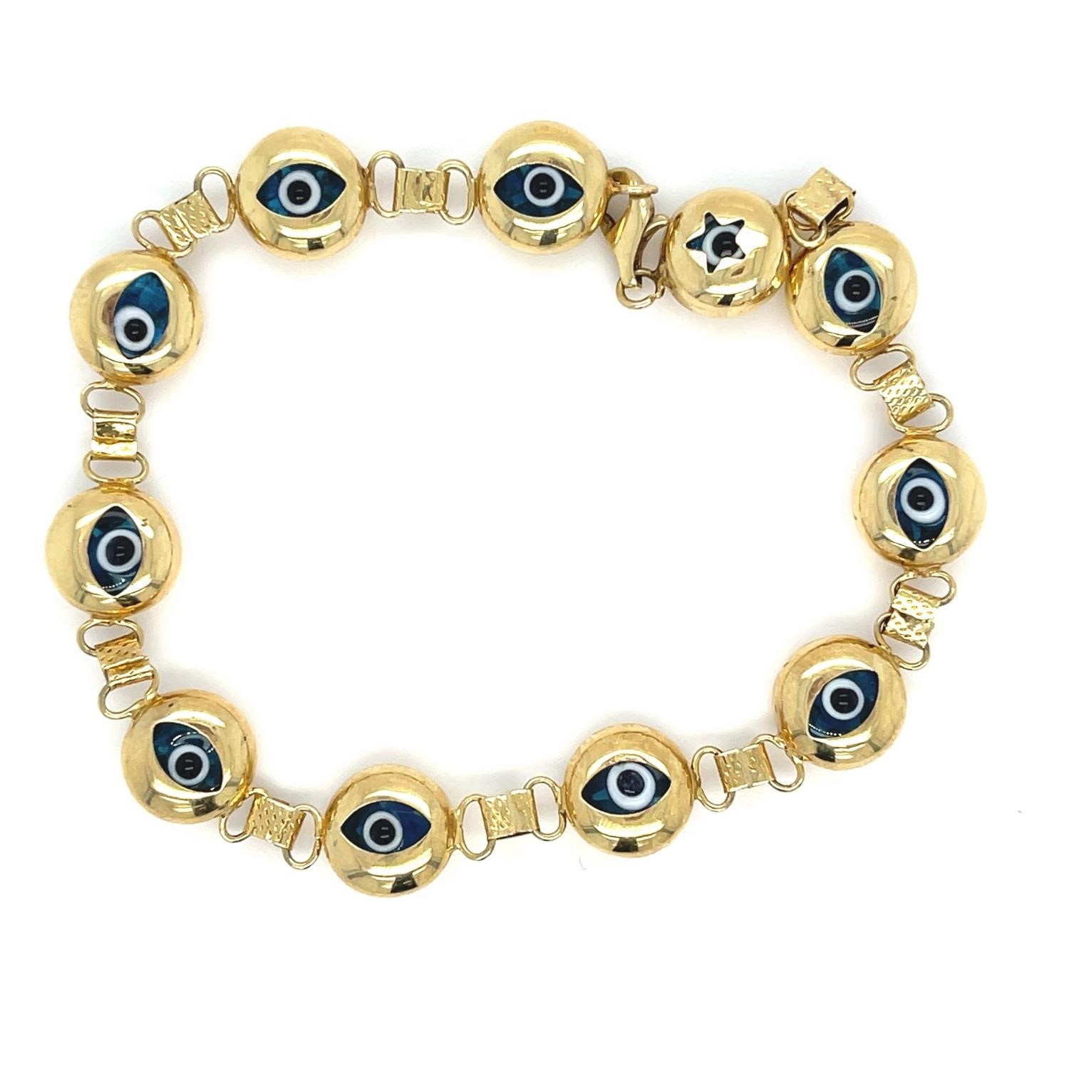 14K YELLOW GOLD BLUE EVIL EYE BRACELET