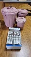 Flatware set,service for 4 and plastic canisters.