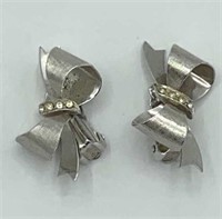 CORO Silver Tone Bow Ribbon Rhinestone Earrings