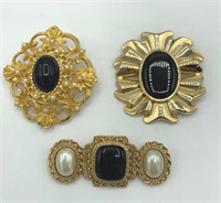 Lot of 3 Black CABOCHON & Faux Pearl Brooches