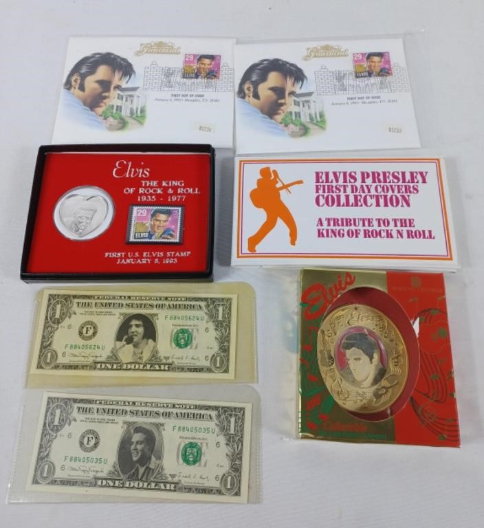 Elvis Presley stamps, $1 bills, ornament, etc