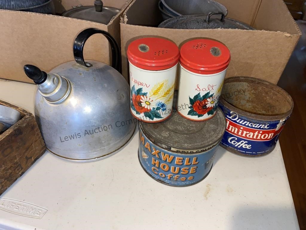 Box of vintage cookie cutters, tea kettle, salt