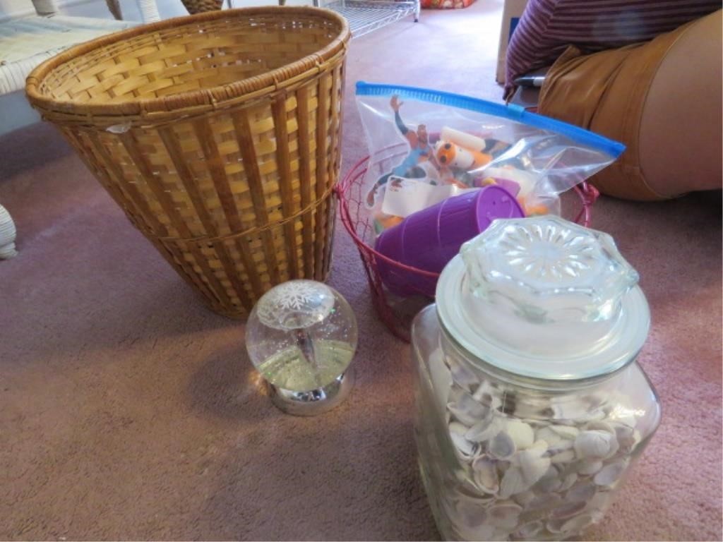 JAR OF SHELLS, SNOWGLOBE, TOYS AND TINS