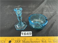 Blue Glass Ashtray & Candlestick