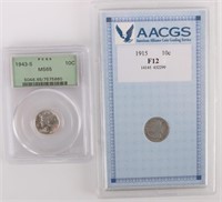 PCGS/AACGS GRADED U.S. DIMES FROM 1915-1943 - (2)