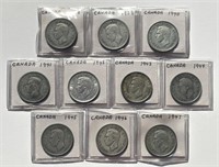 CANADA: 1938-1947 Silver 25 Cent Date Run Lot