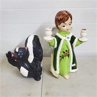 Ceramic Angel Candle Holder & Ceramic Skunk Statue