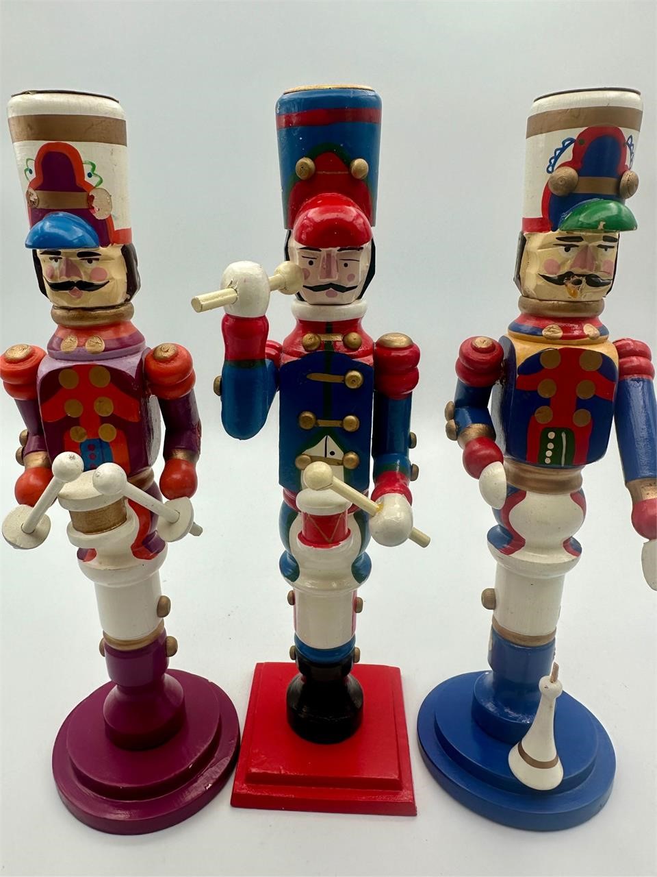 3 10" Wood Soldier Nutcracker Candle Holders