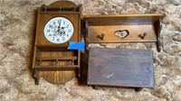 Wood clock 25” x 11 1/2”, wood shelf 21 1/2” x 6”