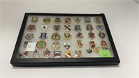 30 + Military unit insignia pins in riker display