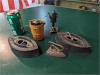 VTG Miniature Cast Iron Tea Pot, Washer, & Irons
