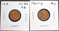 1919 CH BU RB & 1920-D AU LINCOLN CENTS