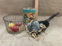 Vintage ash scoop with hen and eggs in nest,