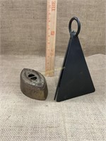 Antique cast iron sad iron, metal cowbell