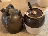 CROCK WITH LID AND JUG WITH BROKEN PIECE