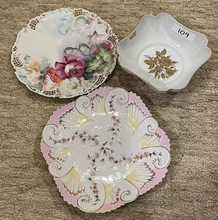 2 large porcelain cabinet plates & Limoges bowl