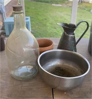 Glass Bottle, Pitcher, and Bowl