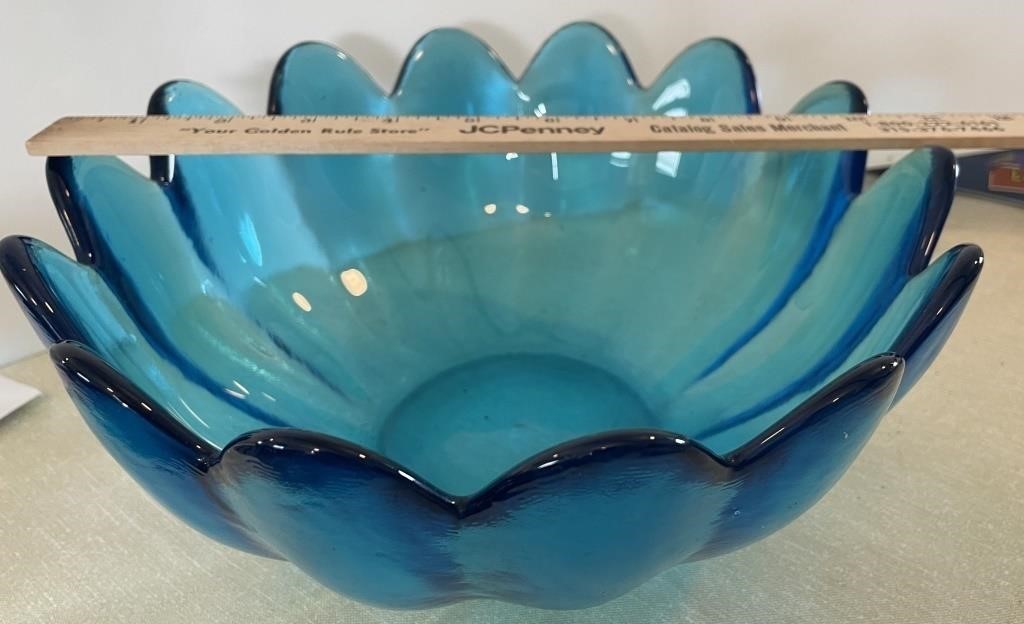 Heavy blue glass flower petal bowl